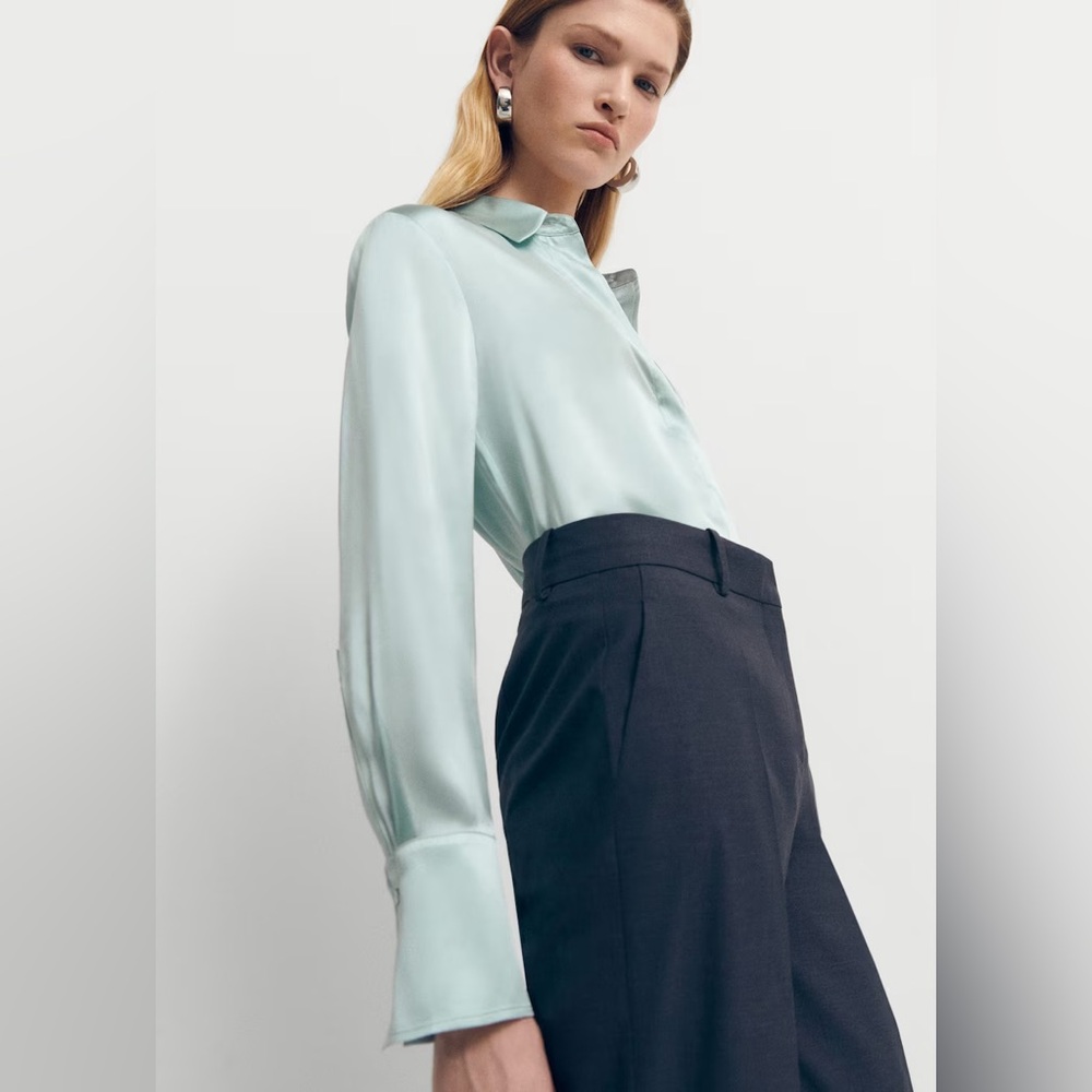 Mango 100% silk button down shirt light blue